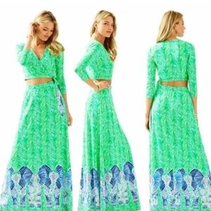 Lilly Pulitzer Toucan Green Leaf Pattern Skirt and wrap top set
